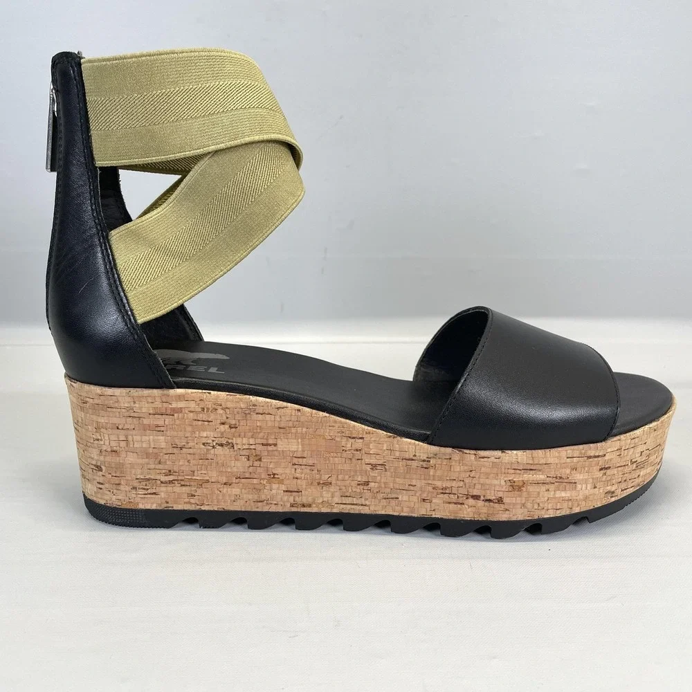 Sorel Cameron Flatform Wedge Sandals Womens Size 9.5 Black Leather Ankle Strap